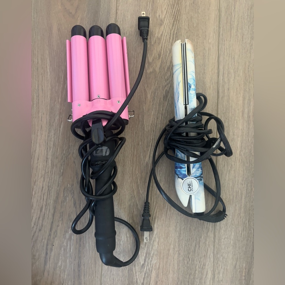 Pink Triple Barrel Hair Curler and CHI Flat Iron